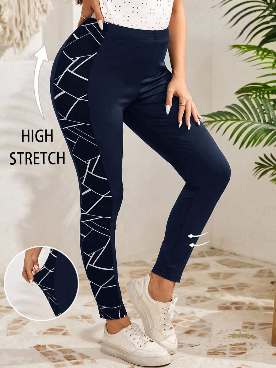 EMERY ROSE Plus Size Women High Waist Geometric Print Elastic Lifting Leggings - Navy Blue - View 1