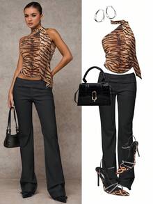 SHEIN BAE Women Solid Color Commuter Casual/Fashionable Outing/Versatile Casual/Old Money Style Pockets Elastic Waist Loose Wide Leg Pants, Suitable For Work, Office, Low-Waisted, Autumn/Winter Business Casual Woman Pants