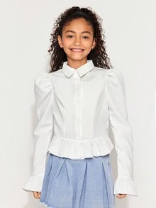 Radiana Tween Mädchen Lockere, lässige, minimalistische, bequeme Bluse mit Laternenärmeln, Rüschen und Puffärmeln, weiße Langarmbluse