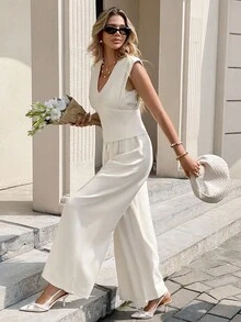 SHEIN Frenchy 2件套V领无袖上衣和阔腿裤 - 杏色 - 查看 5