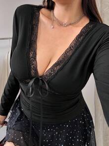 SHEIN EZwear Plus Size Women's Solid Color Lace Patchwork Deep V Neck Bow Decor Long Sleeve Fitted T-Shirt,Autumn/Winter,Fall Clothes For Women,Elegant,Black,Long Sleeve,Commute,Appointment,Date,Keep Warm,Party, Going Out,Wedding Guest,Chic,Christmas,Fall /Autumn/Winter,Christmas,New Year,Thanksgiving,Party,Wedding,,Elegant,Casual,Going Out,Date,Appointment,Commute - Dark Grey - View 6