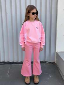 Set 2 buc. fete, hanorac cu mânecă raglan, culoare solidă și pantaloni evazați, ținută casual tricotată - Roz - Vizualizare 1