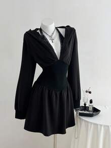 SHEIN Unity 1 件女式黑色蕾丝边收腰连帽连衣裙，休闲/日常穿着，秋季 - 黑色 - 查看 3