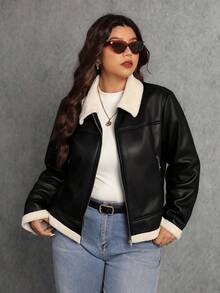 Elaquor Plus Size Women's Fashion Motorcycle PU Leather Thermal Lined Zip-Up Jacket Plus Size Winter Clothes Plus Size Jacket Streetwear Plus Size
