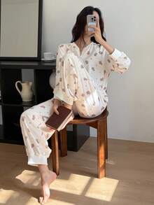 DAZY 熊印花全身插肩袖宽松女式睡衣连体裤，秋季 - 白色 - 查看 5