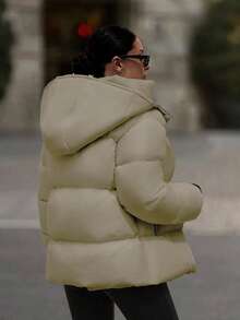 EURMUSE 连帽拉链细节撞色罗纹袖口绗缝女式休闲羽绒服 - 米色 - 查看 2