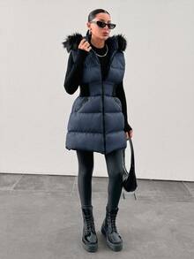 EURMUSE Fuzzy Trim Hooded Puffer Vest Coat - Dusty Blue - View 3