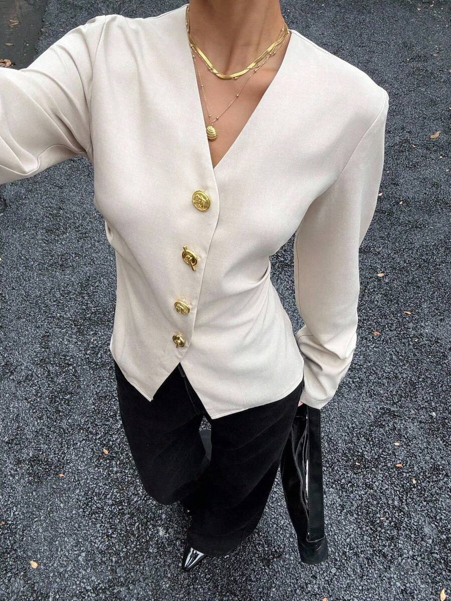 Siren Gaze Áo sơ mi thắt nút kim loại mới mùa thu dành cho nữ, Áo khoác đi làm thời trang dành cho nữ, Trang phục công sở thường ngày, Áo sơ mi dài tay, Áo sơ mi vải lanh, Phong cách quý tộc, Áo thu, Áo cánh thanh lịch dành cho nữ - Màu be - Xem 1