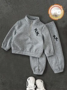 2pcs/Set Baby Boys Thermal Lined Crew Neck Sweatshirt And Jogger Pants Set, Comfortable & Versatile Daily Casual Outfit With Cute Graphic Designs, Suitable For Indoor, Outdoor, Skiing, Sports, Play, Party, Holidays In Autumn/Winter Baby Boy Winter Sets Baby Set Autumn Winter Season - Black and White - View 4