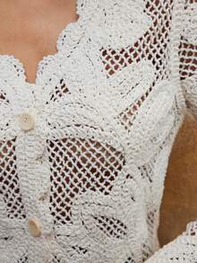 SHEIN Privé VITNOS Luxury Fall Winter Women's White Crochet Cardigan Elegant Crochet Tops For Women, Casual For Fall Winter, Chic Autumn, Party Looks, Fall Winter For Women, New Year's, Earthy Women, Elegant, French Elegance, Cozy Sweaters, Fall Winter New Style Women, Weekend, Autumn Work Style, Delicate Romance, Elegant, Luxury , Fashionable This Autumn, Suitable For Dates, Going Out, Night Out, Parties, Weddings, Holiday, Vacation, Birthday - Beige - View 8