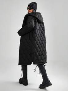 CasuGlow Women Hooded Pocket Detailed Long Quilted Winted Coat - Black - View 2