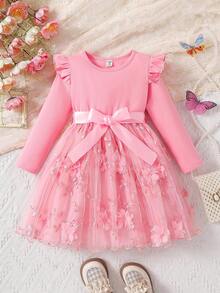 Elladie kids Young Girl New Style Round-Neck Knit Top Mesh A-Line Dress - Pink - View 2