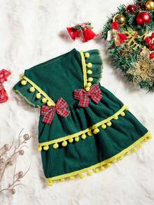 PETSIN 1pc Pet Christmas Green Corduroy Ruffled Bow Pom-Pom Decorated Cute Dress - Green - View 9