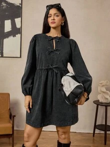 Zelara Vestido casual de talla grande para mujer con bolsillo, mangas de linterna y decoración de lazo en unicolor - Negro - Ver 6