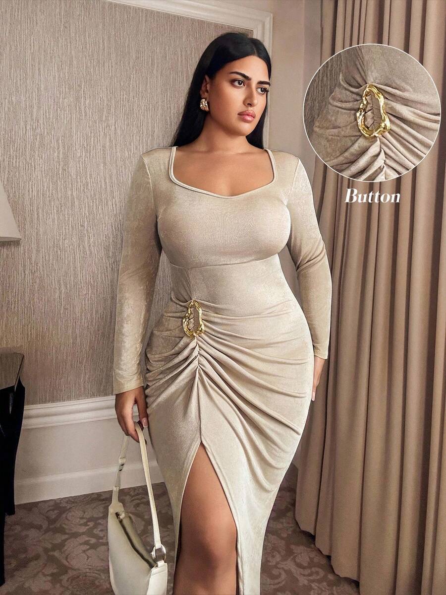 Cravure Vestido de manga larga con abertura en el bajo y cintura ceñida en unicolor para mujer de talla grande - Albaricoque - Ver 1