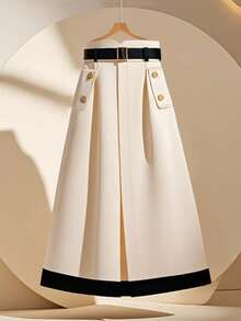 GlowEve Women's Elegant Spring/Autumn Color Block Apricot Decorative Pocket A-Line Metal Button Simple Solid Color Waist Belt Skirt Fall Cloth For Women - Apricot - View 1