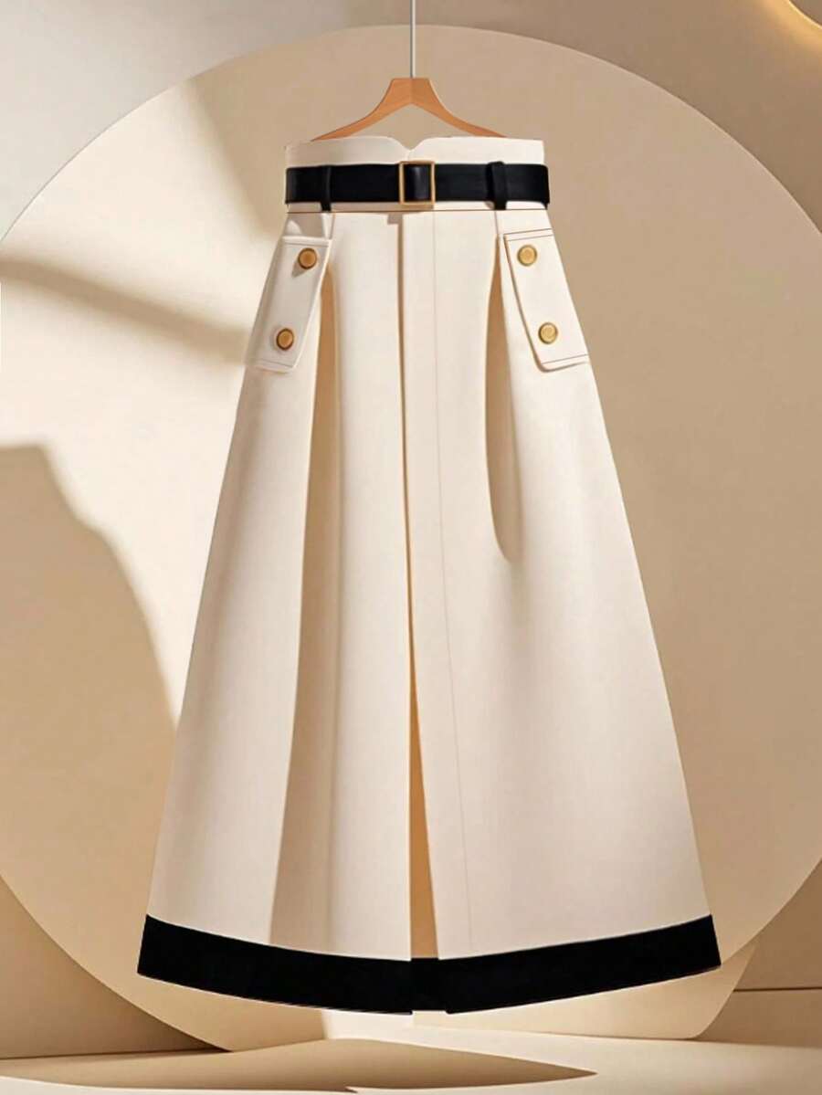 GlowEve Women's Elegant Spring/Autumn Color Block Apricot Decorative Pocket A-Line Metal Button Simple Solid Color Waist Belt Skirt Fall Cloth For Women - Apricot - View 1