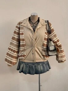 Sunspun 休闲优雅立领短款抽绳腰双面枫叶印花夹克，学院风，加大码女式夹棉外套 - 杏色 - 查看 6