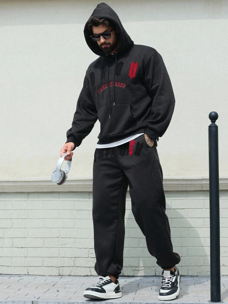 Men's Letter Embroidered Fleece Hoodie And Drawstring Waist Pants Set, Autumn/Winter