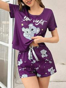 可爱考拉印花女士睡衣套装 - 彩色 - 查看 5