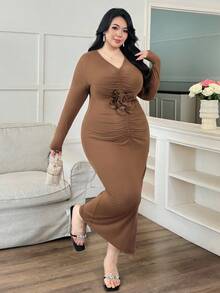 Modelyn Women's V-Neck Long Sleeve Fitted Ruched 3D Floral Luxurious Korean Elegant Plus Size Midi Dress, Autumn/Winter - Coffee Brown - View 4