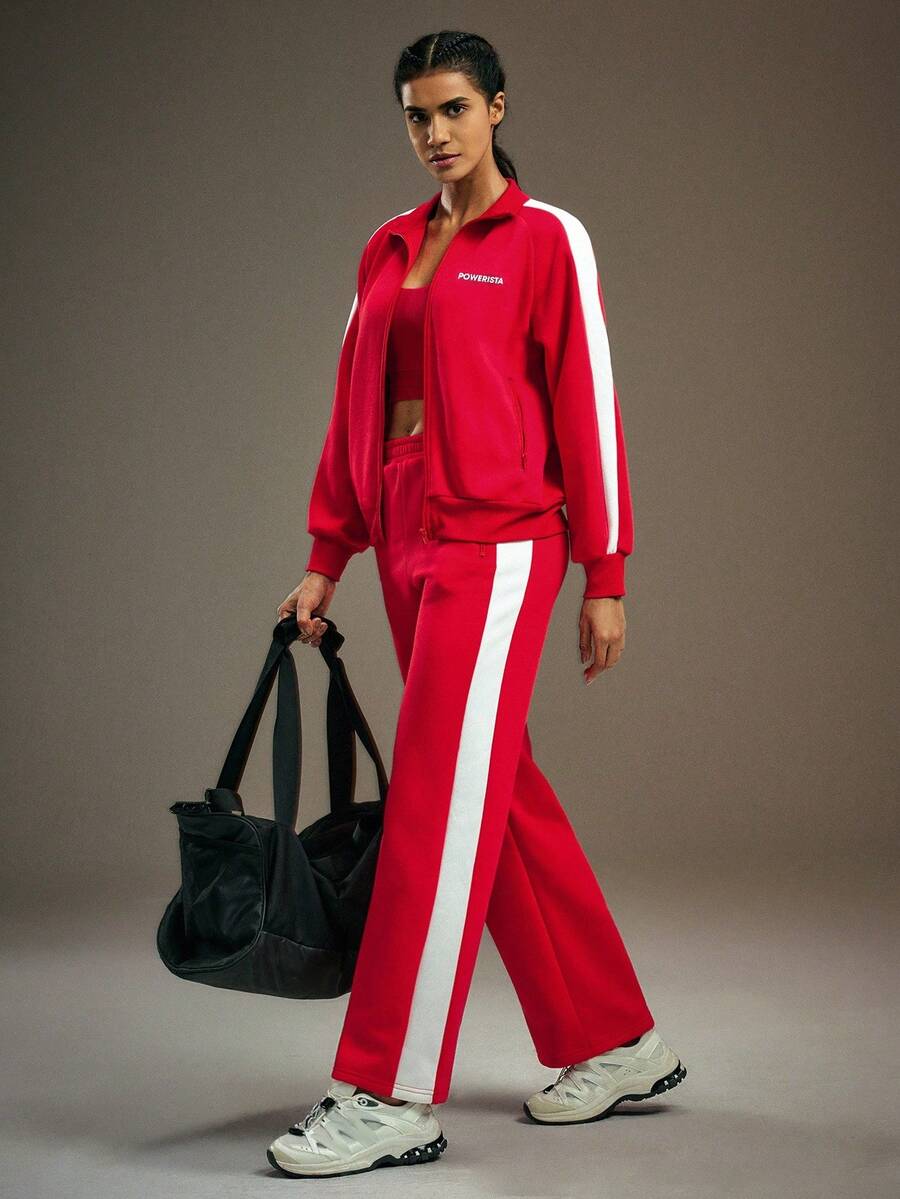 Powerista Women's Casual Sports Contrast Color Thermal Lined Zipper Pocket Pants - Red and White - View 1