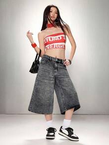 SHEIN ICON 女士休闲宽松七分阔腿牛仔裤，蓝色 - 深灰色 - 查看 7