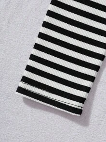 少女韩版条纹长袖连体衣，黑白条纹V领，系带短裤，欧美潮流基本款运动连体衣，适合女孩秋冬 - 黑與白 - 查看 7