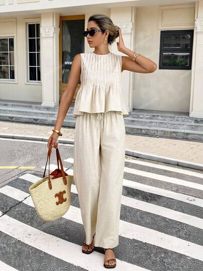 SHEIN Frenchy 女士纯色圆领褶皱无袖上衣和裤子休闲两件套