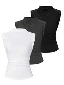 Chiquease Women's Summer Solid Color Stand Collar Pleated Casual Tank Top