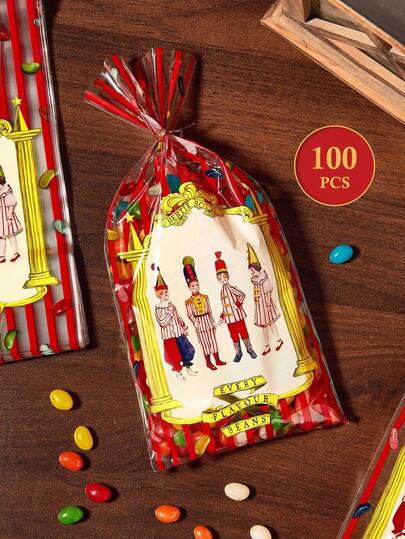 HARRY POTTER X SHEIN 100个可爱卡通图案印花透明扁平糖果袋、饼干包装袋、婚礼派对糖果袋、棒棒糖袋、OPP塑料袋、小礼品袋、学习用品袋、食品袋、食品盒，适用于糖果、巧克力、饼干、怪味豆、魔法圣诞礼物等。