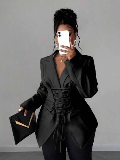 Maweii Plus Size Women's Business Commuter Suit With Tie Design, Mature And Charming