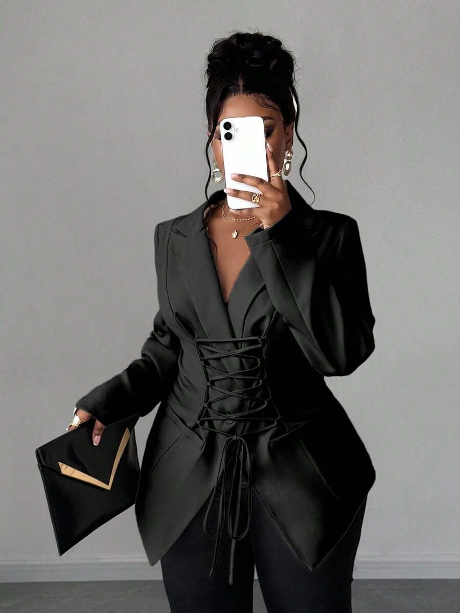 Maweii Bộ đồ công sở đi làm cỡ lớn dành cho nữ có thiết kế cà vạt, trưởng thành và quyến rũ - màu đen - Xem 1