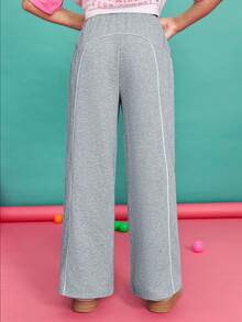 SHEIN Tween Girls Baggy Grey Sweatpants,Casual Back-To-School Wide-Leg Pants,Mid-Rise Contrast Striped Knit Straight Pants For Summer School Daily Wear - Light Grey - View 3