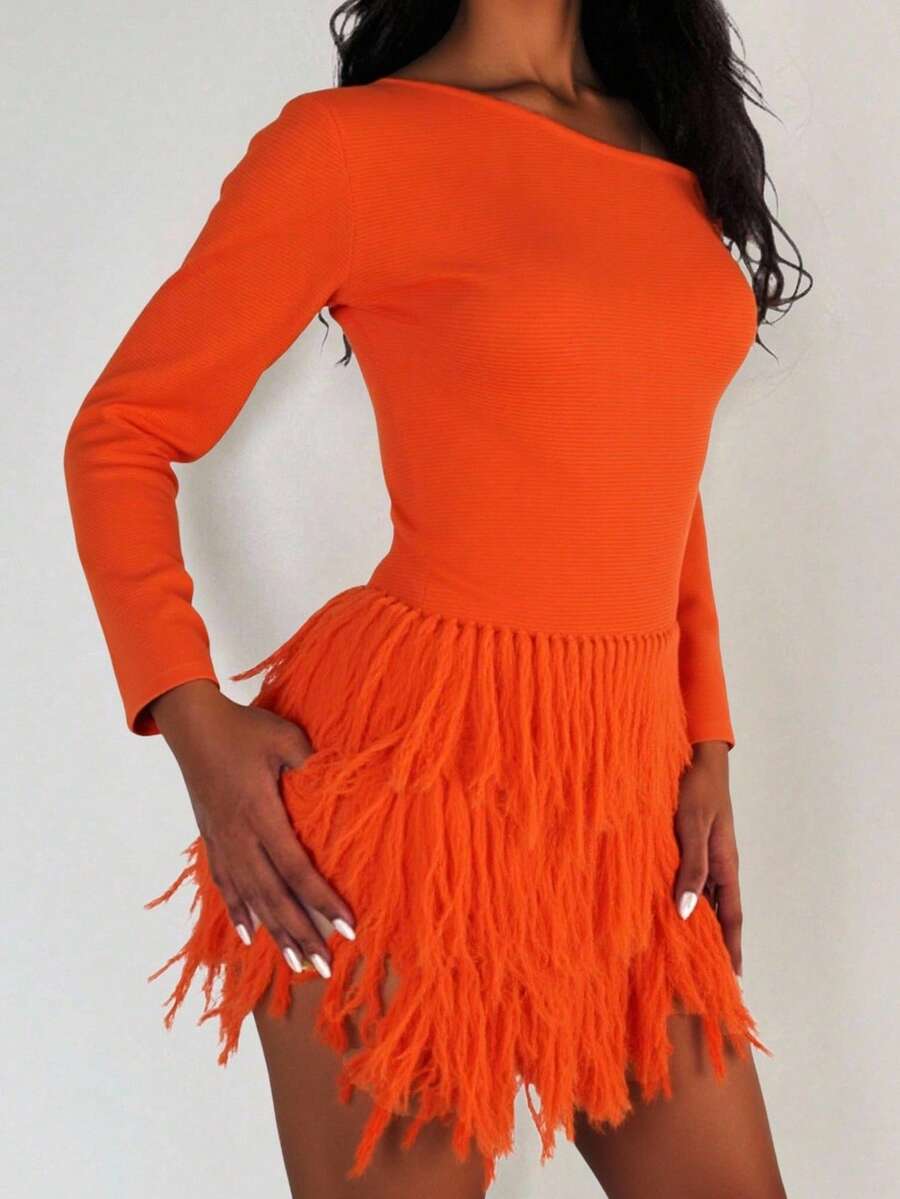 SHEIN Unity Avenne Fashionable High-End Solid Color Knit Tassel Bodycon Dress - Orange - View 1