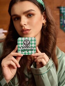 FanGlow HARRY POTTER X SHEIN Slytherin Diamond Pattern Green & White Square Stainless Steel Makeup Mirror – Portable Compact For Makeup Lovers, Multi-Scene Use - Multicolor - View 8