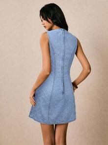 Vintamour 女式蓝色圆领无袖菱形图案修身牛仔连衣裙 - 淺色水洗藍 - 查看 2