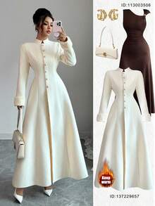 Elenzga New Women's Stand Collar Long Sleeve Faux Rabbit Fur Cuff Splice Open Front Design Waist A-Line Casual Daily Versatile Young Elegant Lady Long Coat, Autumn/Winter Fall Coat For Women - Apricot - View 1