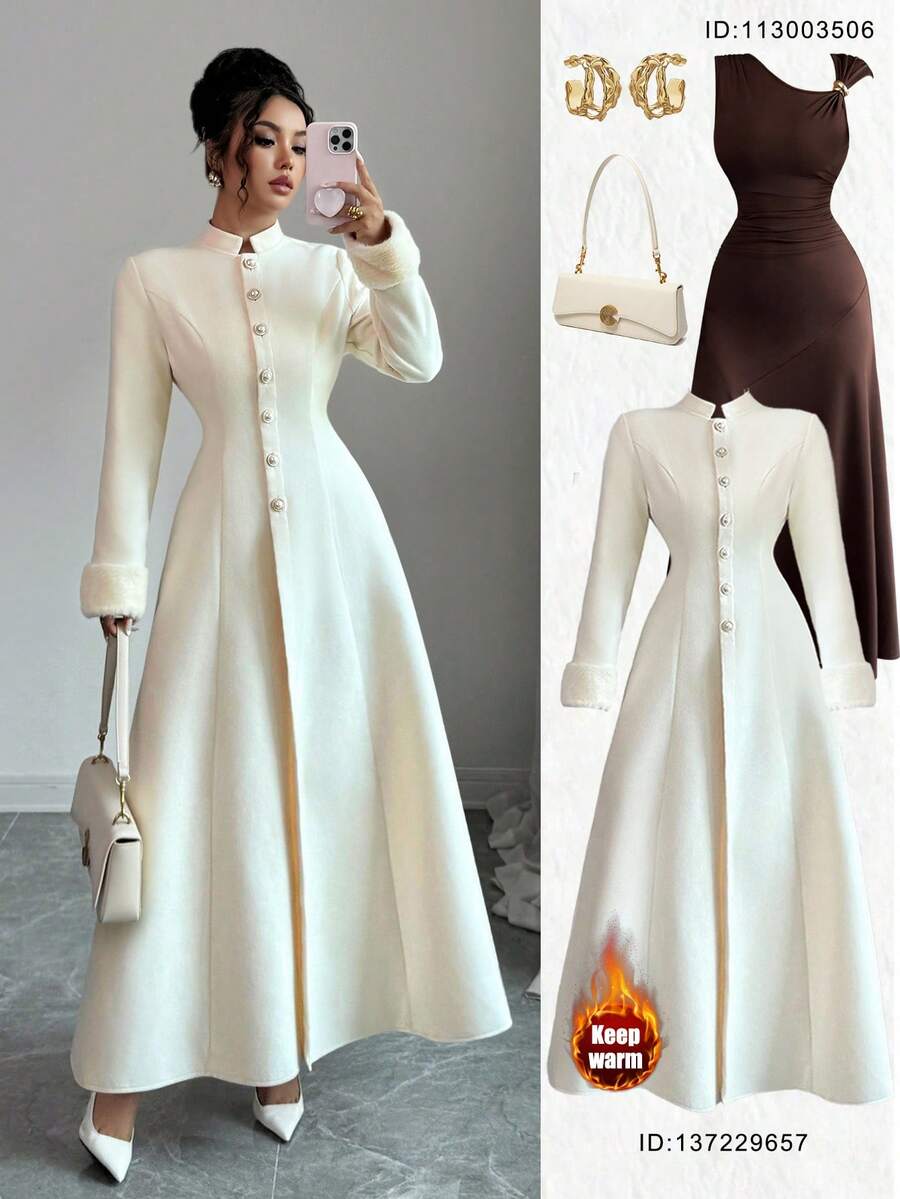 Elenzga New Women's Stand Collar Long Sleeve Faux Rabbit Fur Cuff Splice Open Front Design Waist A-Line Casual Daily Versatile Young Elegant Lady Long Coat, Autumn/Winter Fall Coat For Women - Apricot - View 1