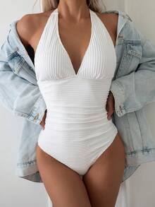 Swim Chiccia Summer Beach Solid Color One-Piece Swimsuit - White - View 6