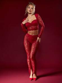 MISSGUIDED 奢华蕾丝长袖两件套露脐上衣高腰裤节日派对晚宴假日俱乐部场合秋冬季特殊场合 - 紫羅蘭色 - 查看 4