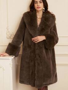 Revavyn Fashionable Solid Color Chic Minimalist Design Lapel Faux Fur Jacket, Slimming And Elegant - Brown - View 4