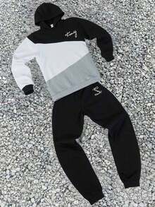 SHEIN 青少年男孩拼色文字刺繡連帽衛衣與運動長褲2件套，返校街頭風畢業秋季休閒運動服套裝 - 彩色 - 查看 3