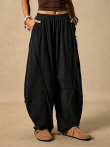 Easelle 女式休闲时尚街头时尚简约纯色松紧腰毛边香蕉裤 - 黑色 - 查看 8