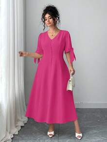 Elenzga Plus Size Solid Color V-Neck Bow Elegant Dress - Hot Pink - View 6