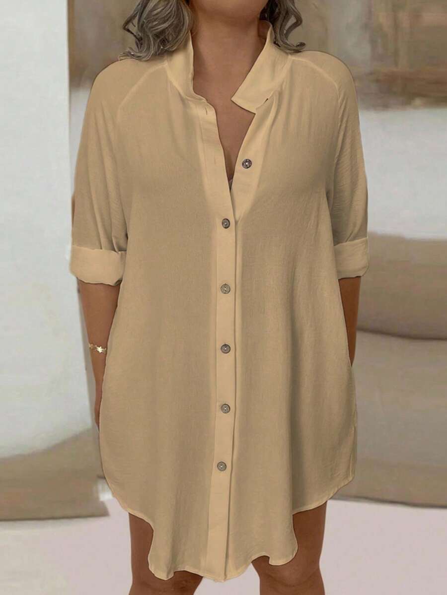 EMERY ROSE Chemise décontractée à manches longues de couleur unie grande taille