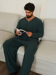 DAZY Men's V-Neck Top & Pants Loungewear Set, Military Green Corduroy Fabric, Autumn Pajama, Fall Winter Clothes