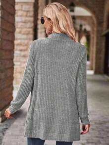 EMERY ROSE Women's Casual Ribbed Brushed Open Front Side Pocket Shorts Thin Jacket - Light Grey - View 2