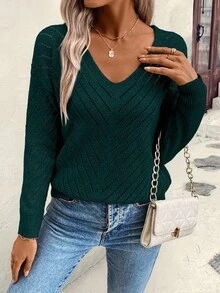 EMERY ROSE Suéter holgado y casual de mujer con cuello en V y textura geométrica hueca - Verde Oscuro - Ver 3