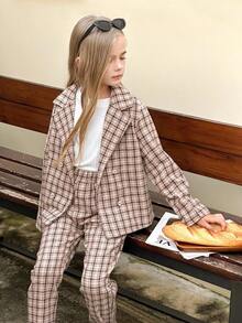 SHEIN Chaqueta de blazer caqui para niñas preadolescentes combinada con pantalones holgados a cuadros, conjunto cómodo y elegante para otoño/invierno - Caqui - Ver 1